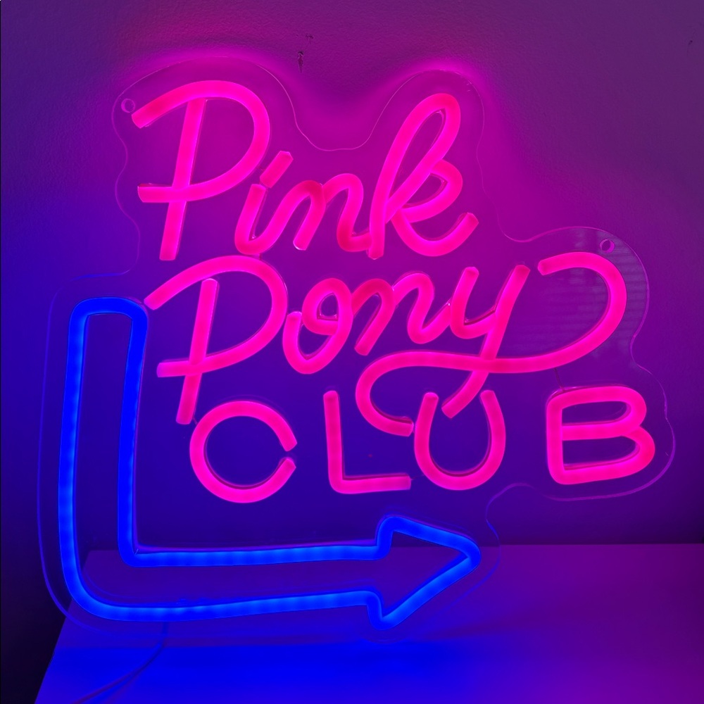 Pink Pony Club Neon-Style Wall Sign with Blue Arrow - Party Light